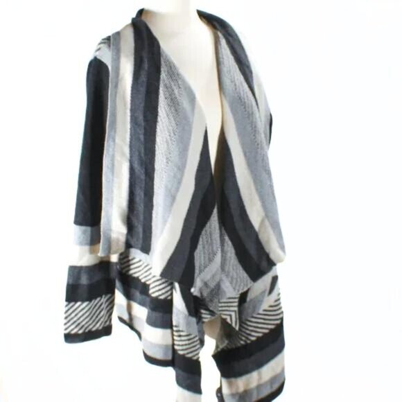 Collections Etc Color Block Open Cardigan Black Gray Off White Stripes Size XL - Picture 2 of 6